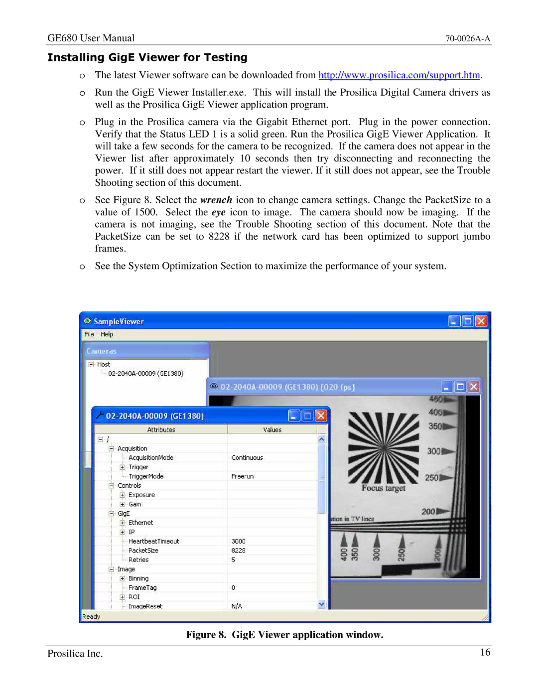 Kodak GE680C user manual Installing GigE Viewer for Testing, GigE Viewer application window 