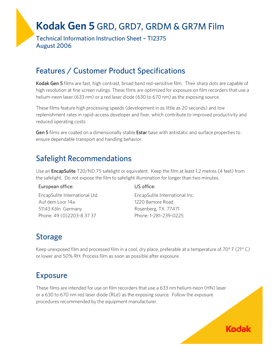 Kodak GRDM instruction sheet Features / Customer Product Specifications, Safelight Recommendations, Storage, Exposure 