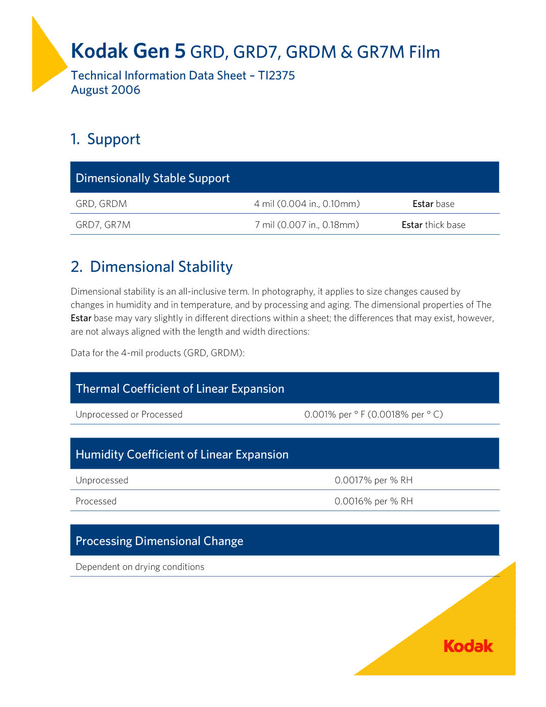 Kodak GRD7, GRDM instruction sheet Support, Dimensional Stability 