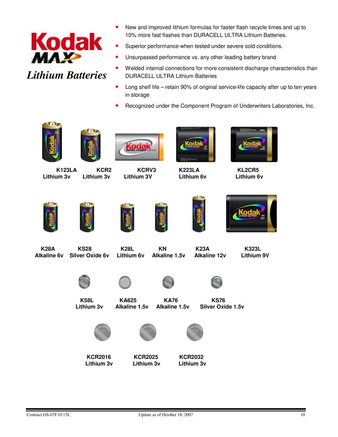 Kodak GS-07F-0115L manual Lithium Batteries 