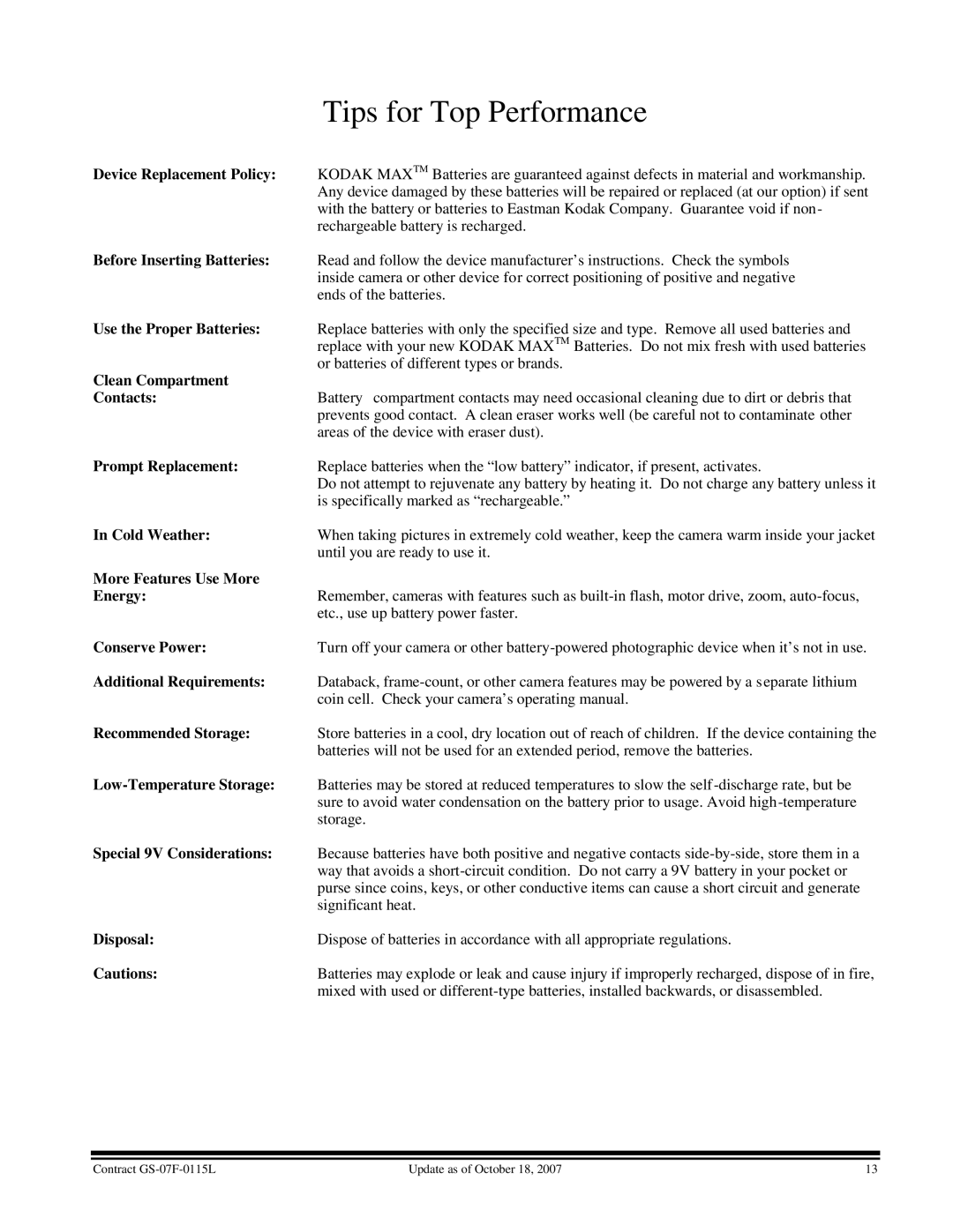 Kodak GS-07F-0115L Device Replacement Policy, Before Inserting Batteries, Use the Proper Batteries, Clean Compartment 