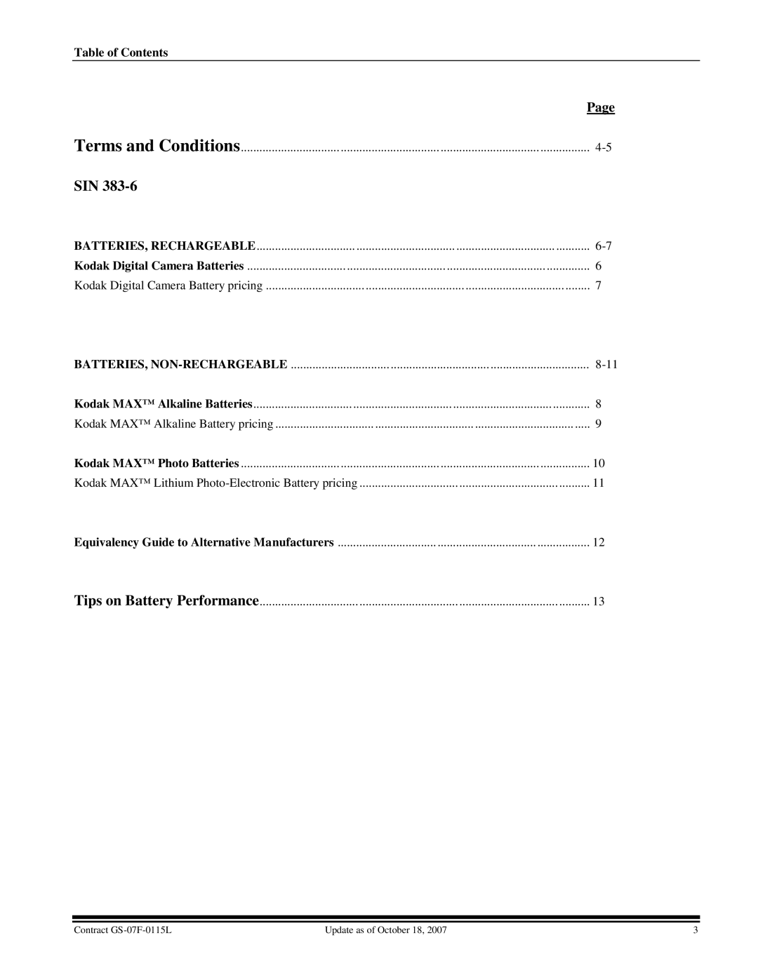 Kodak GS-07F-0115L manual Sin, Table of Contents 