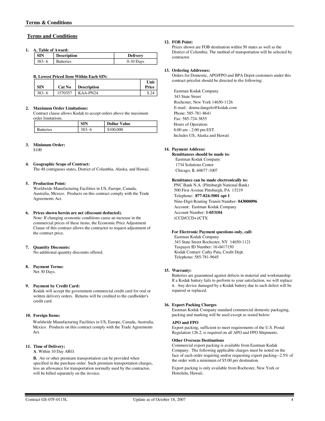 Kodak GS-07F-0115L manual Terms & Conditions Terms and Conditions 