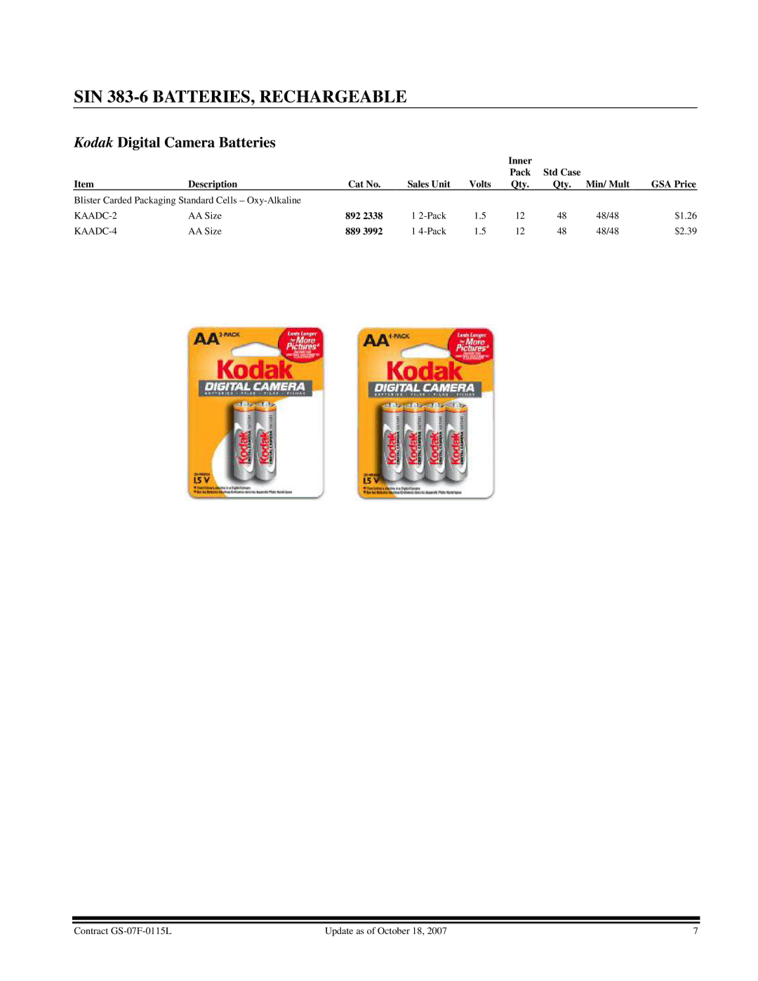 Kodak GS-07F-0115L manual Kodak Digital Camera Batteries 