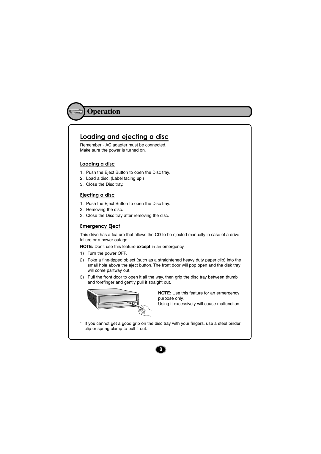 Kodak GSA-5120D manual Operation, Loading and ejecting a disc 