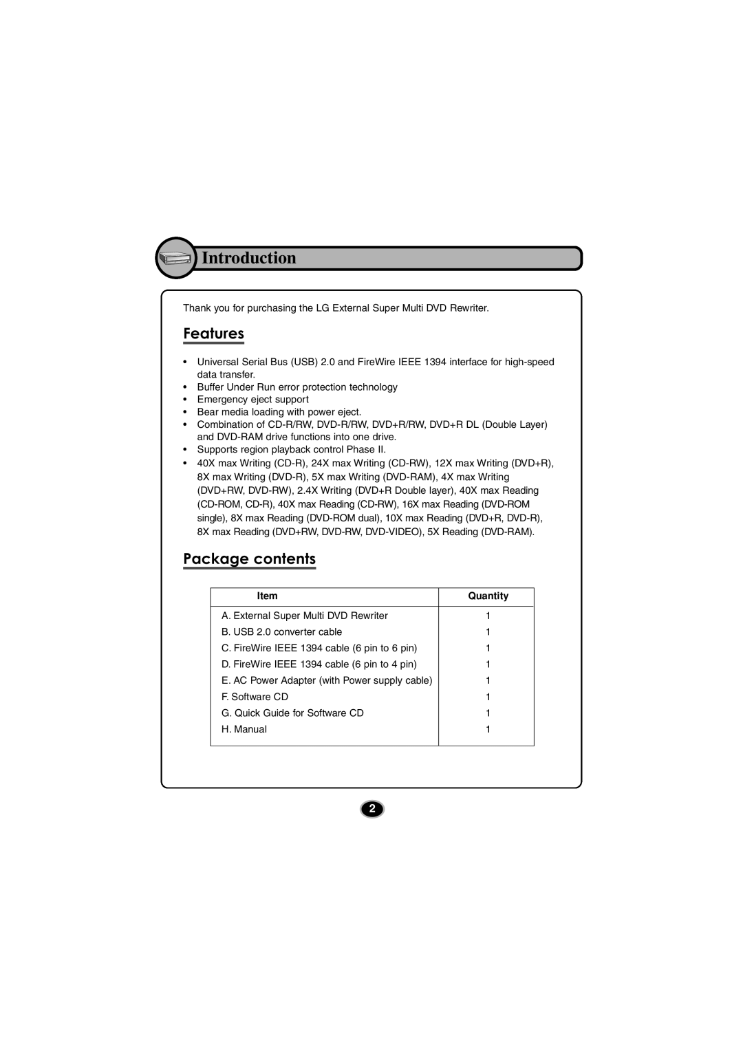 Kodak GSA-5120D manual Introduction, Features, Package contents 