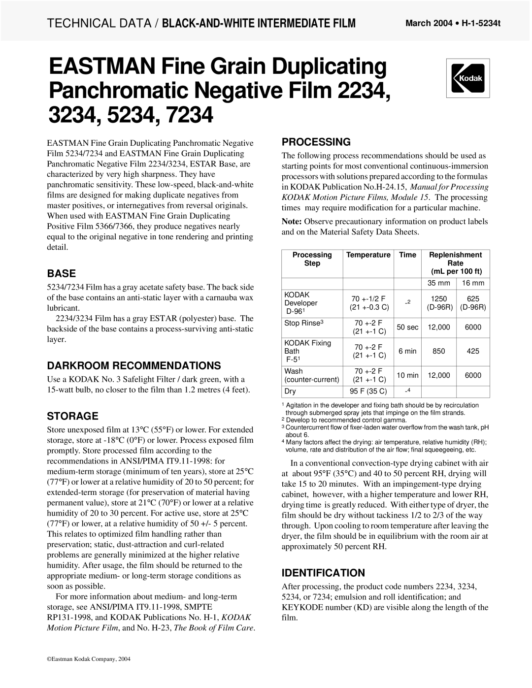 Kodak H-1-5234T manual Base, Darkroom Recommendations, Storage, Processing, Identification 