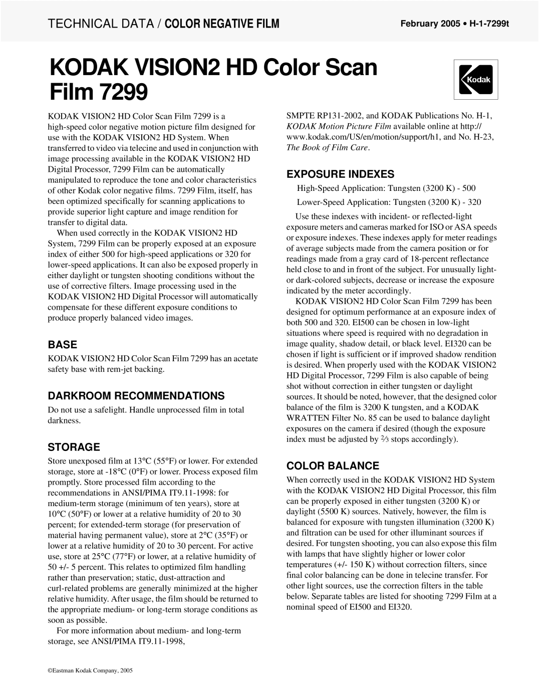 Kodak H-1-7299T manual Base, Darkroom Recommendations, Storage, Exposure Indexes, Color Balance 