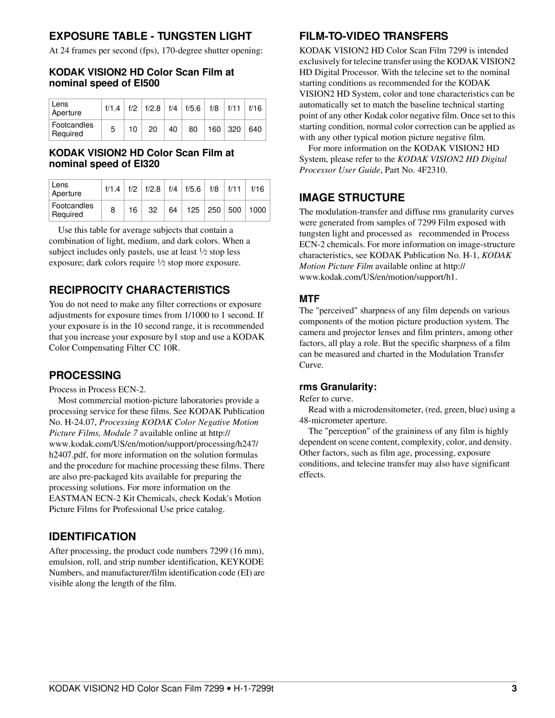 Kodak H-1-7299T Exposure Table Tungsten Light, Reciprocity Characteristics, Processing, Identification, Image Structure 