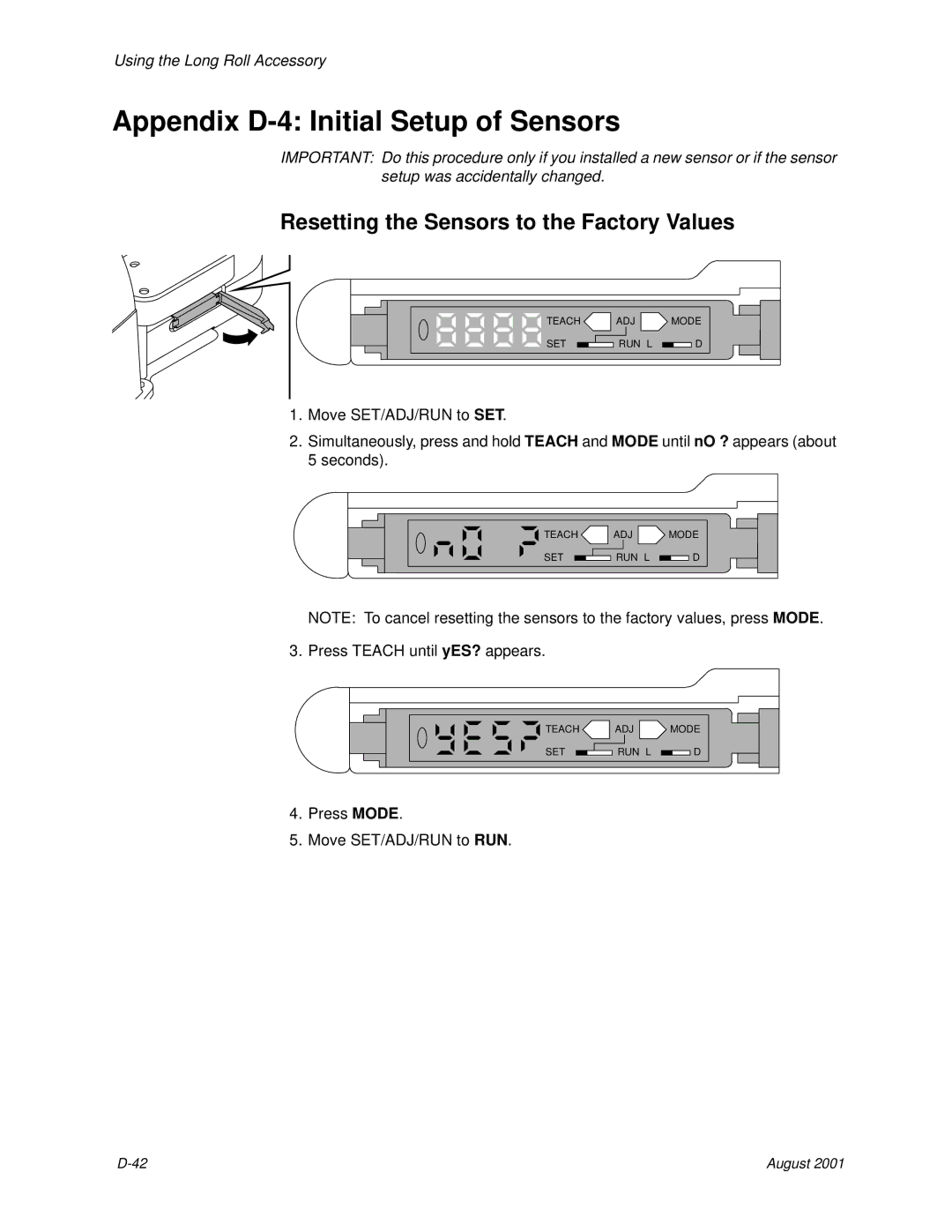 Kodak HR 500 manual Appendix D-4 Initial Setup of Sensors, Resetting the Sensors to the Factory Values 