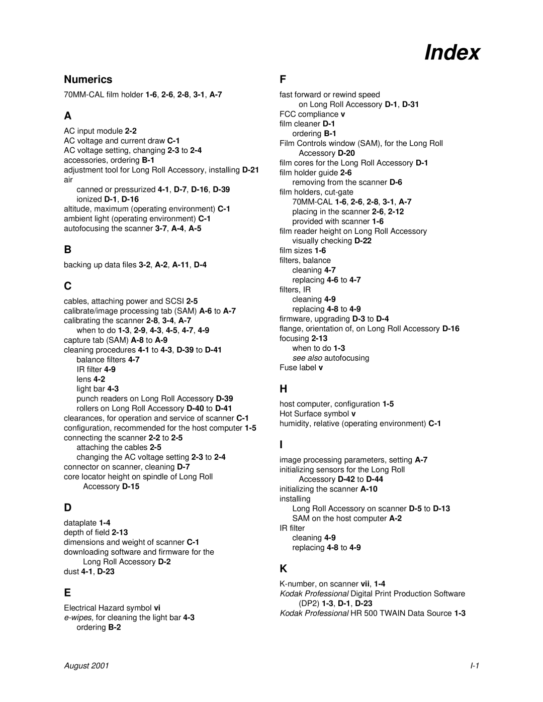 Kodak HR 500 manual Index, Numerics 