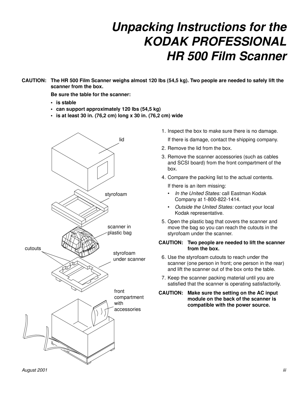 Kodak HR 500 manual Unpacking Instructions for 