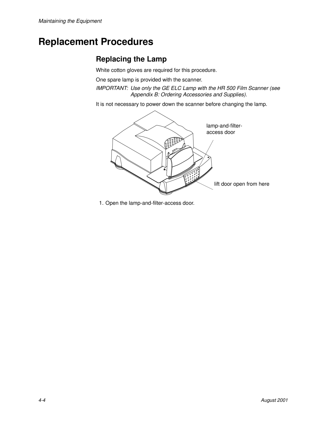 Kodak HR 500 manual Replacement Procedures, Replacing the Lamp 