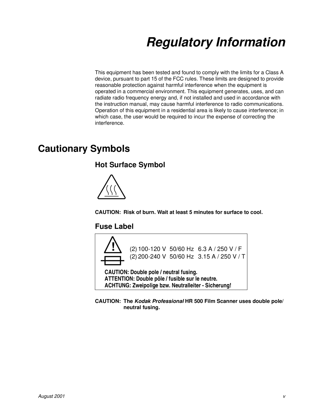 Kodak HR 500 manual Regulatory Information, Hot Surface Symbol Fuse Label 