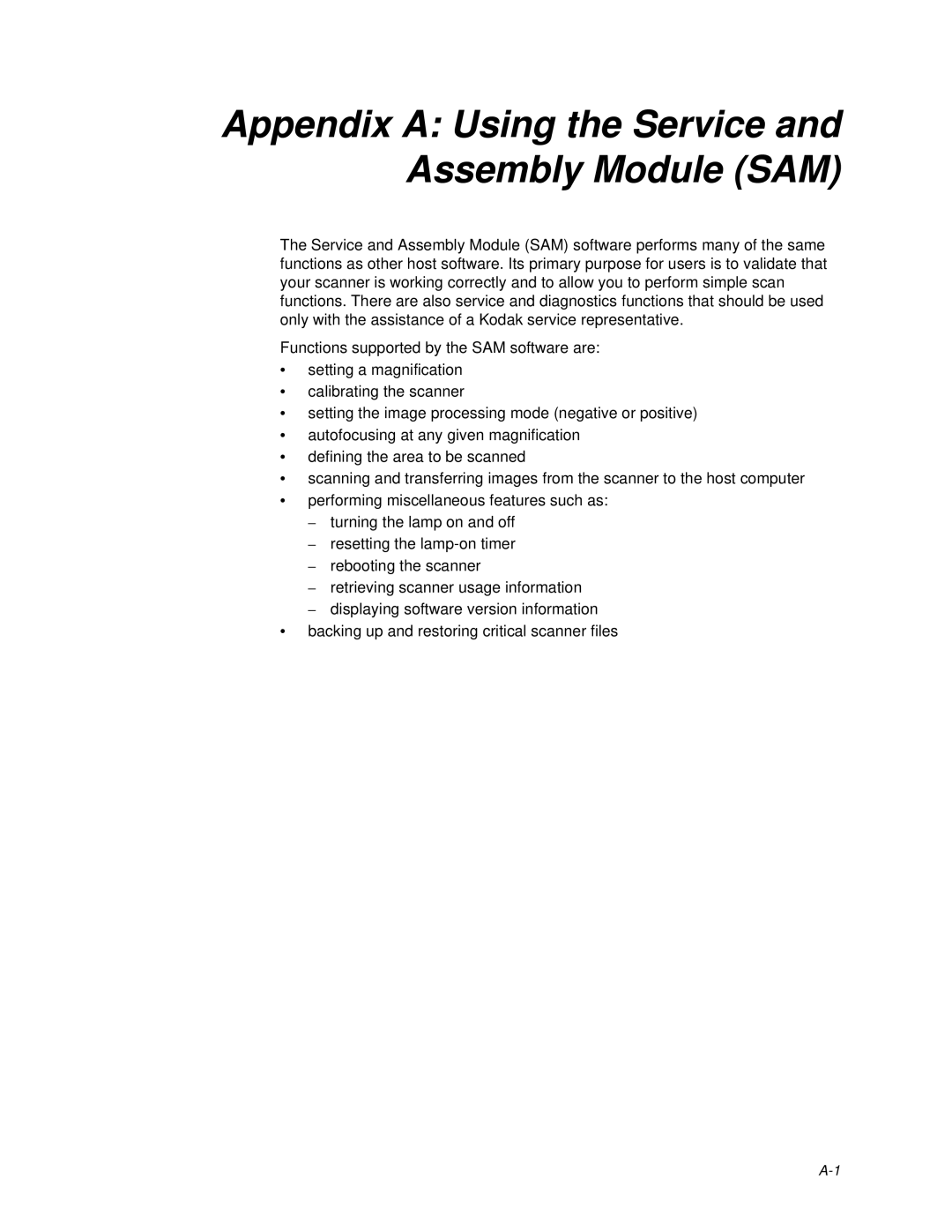 Kodak HR 500 manual Appendix a Using the Service and Assembly Module SAM 