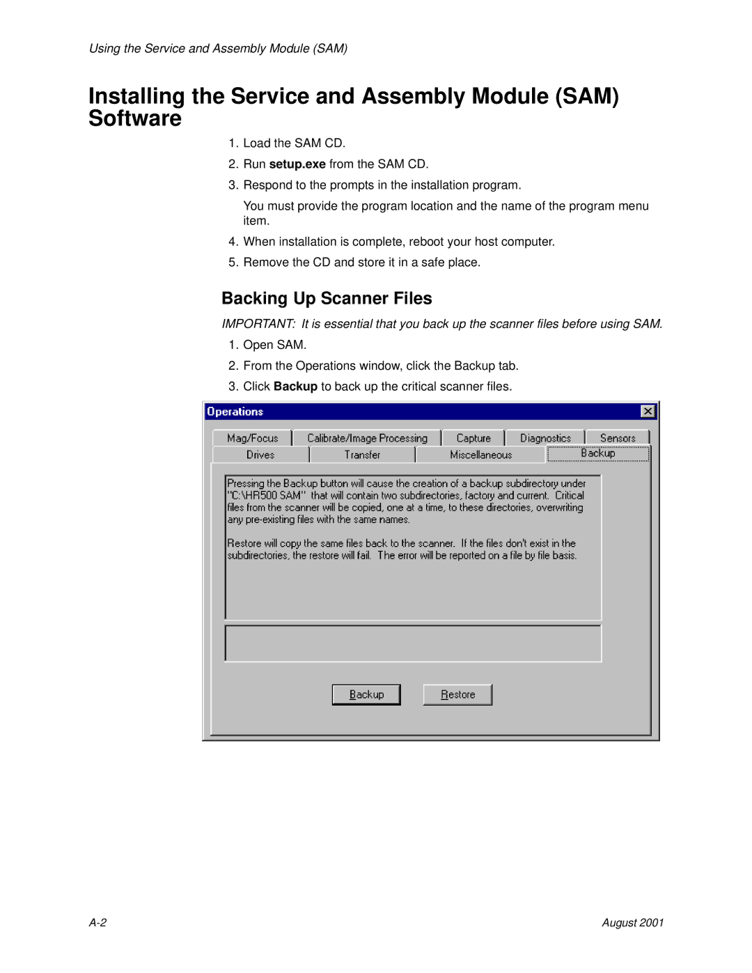 Kodak HR 500 manual Installing the Service and Assembly Module SAM Software, Backing Up Scanner Files 