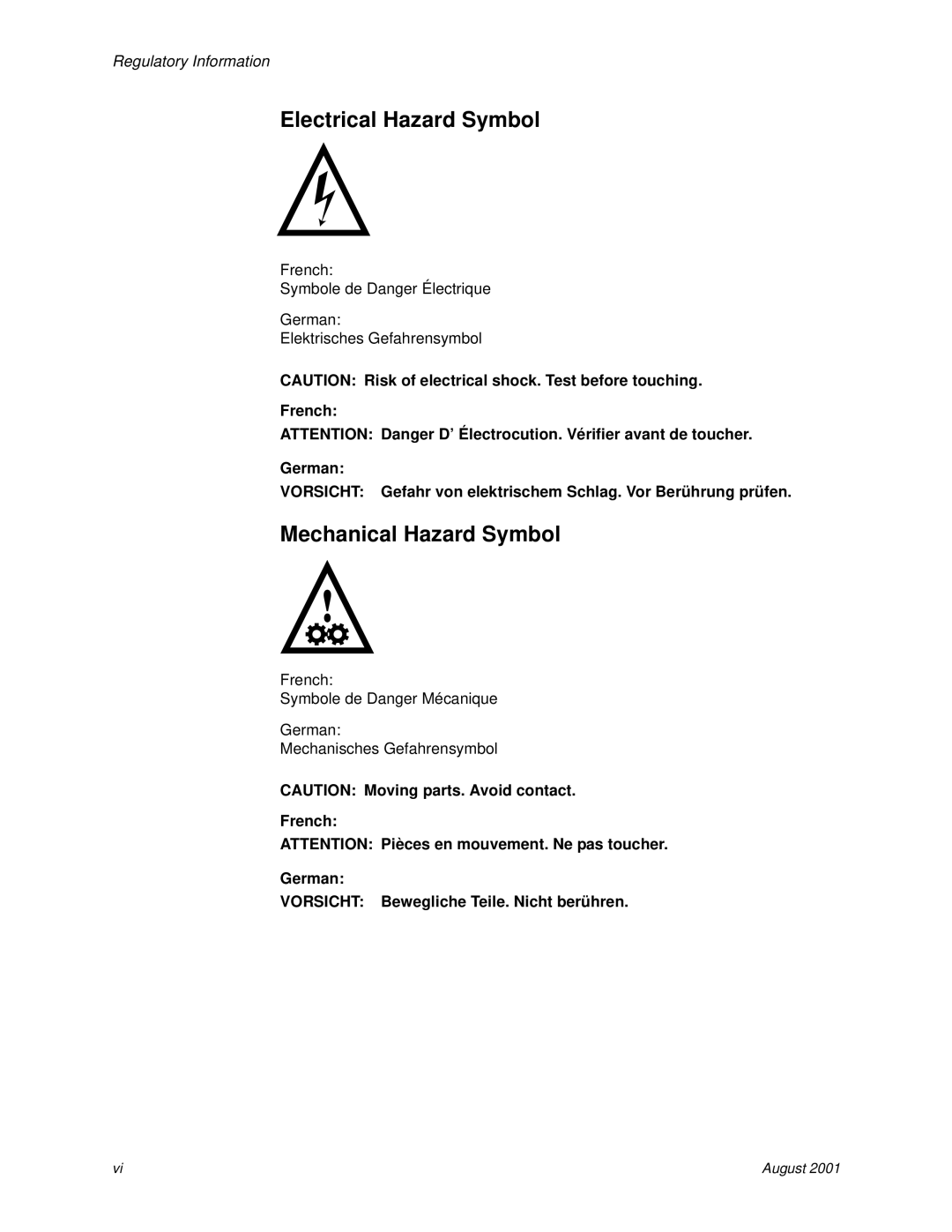 Kodak HR 500 manual Electrical Hazard Symbol, Mechanical Hazard Symbol 