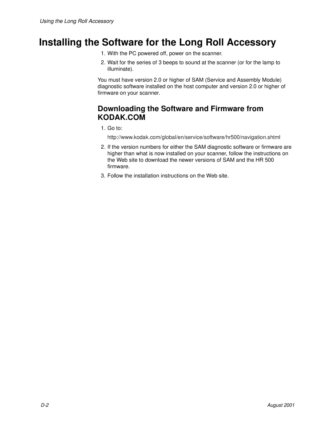 Kodak HR 500 manual Installing the Software for the Long Roll Accessory, Downloading the Software and Firmware from 