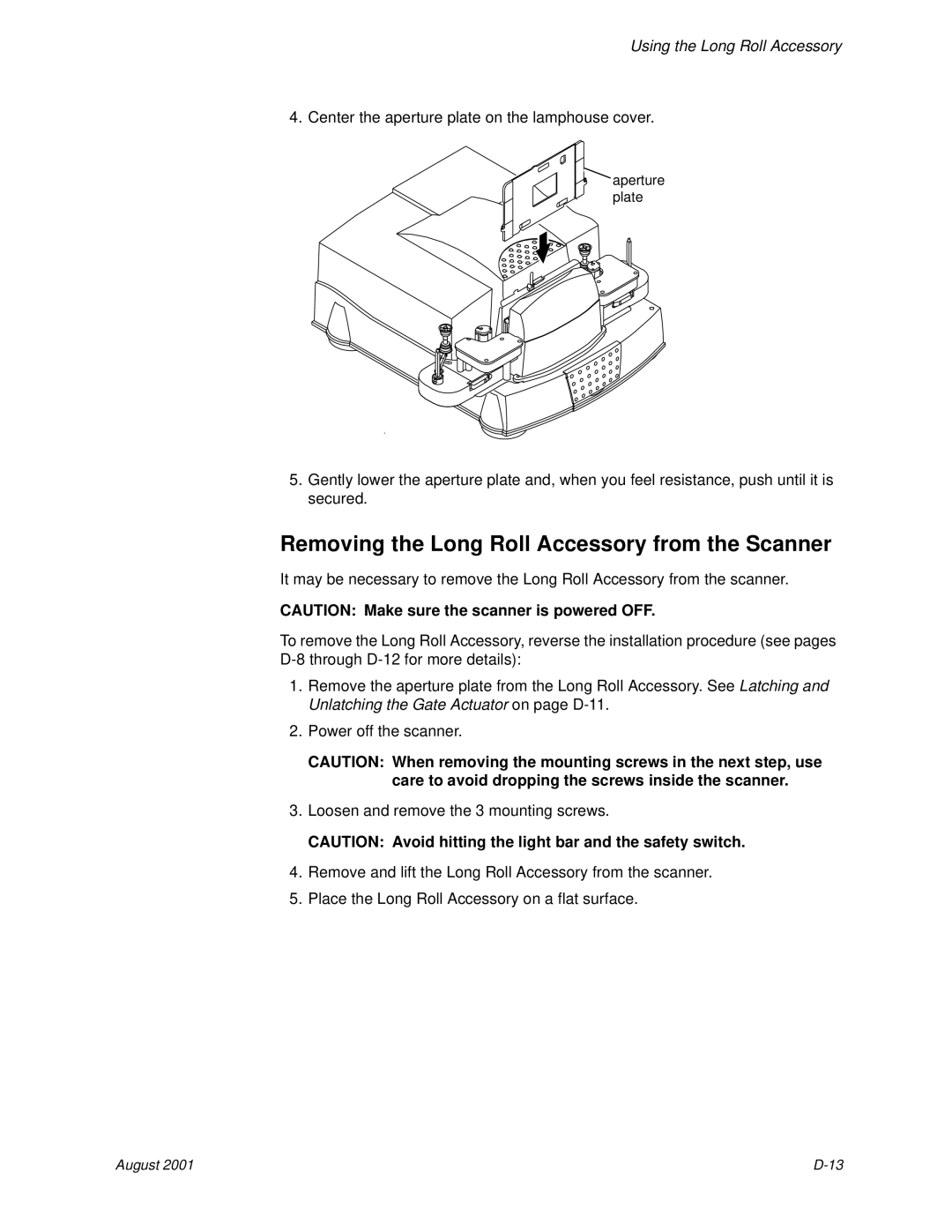 Kodak HR 500 manual Removing the Long Roll Accessory from the Scanner 