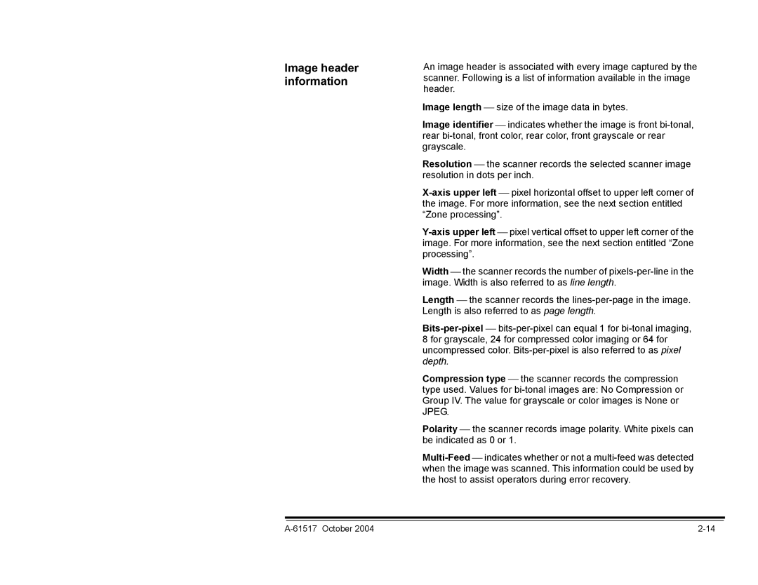 Kodak i100 Series manual Image header information 