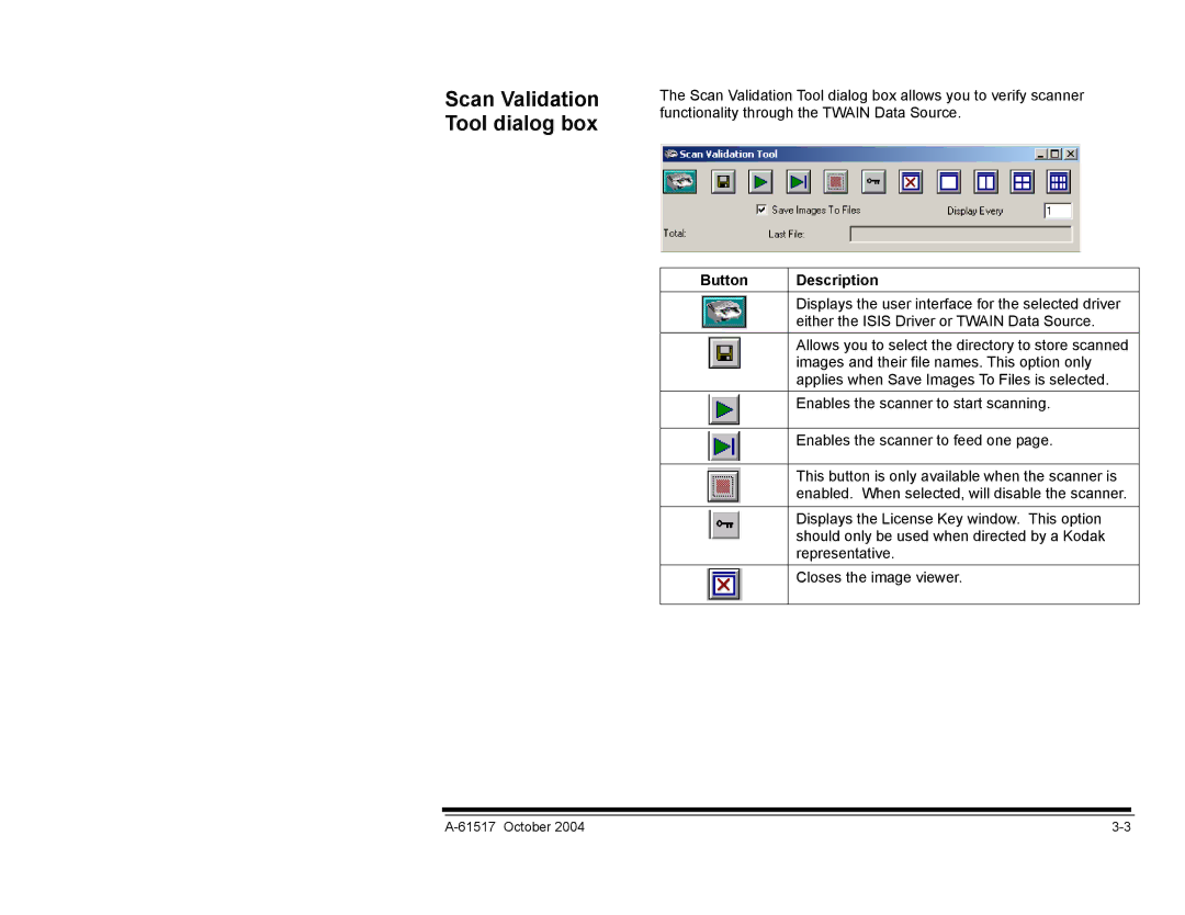 Kodak i100 Series manual Scan Validation Tool dialog box, Button Description 