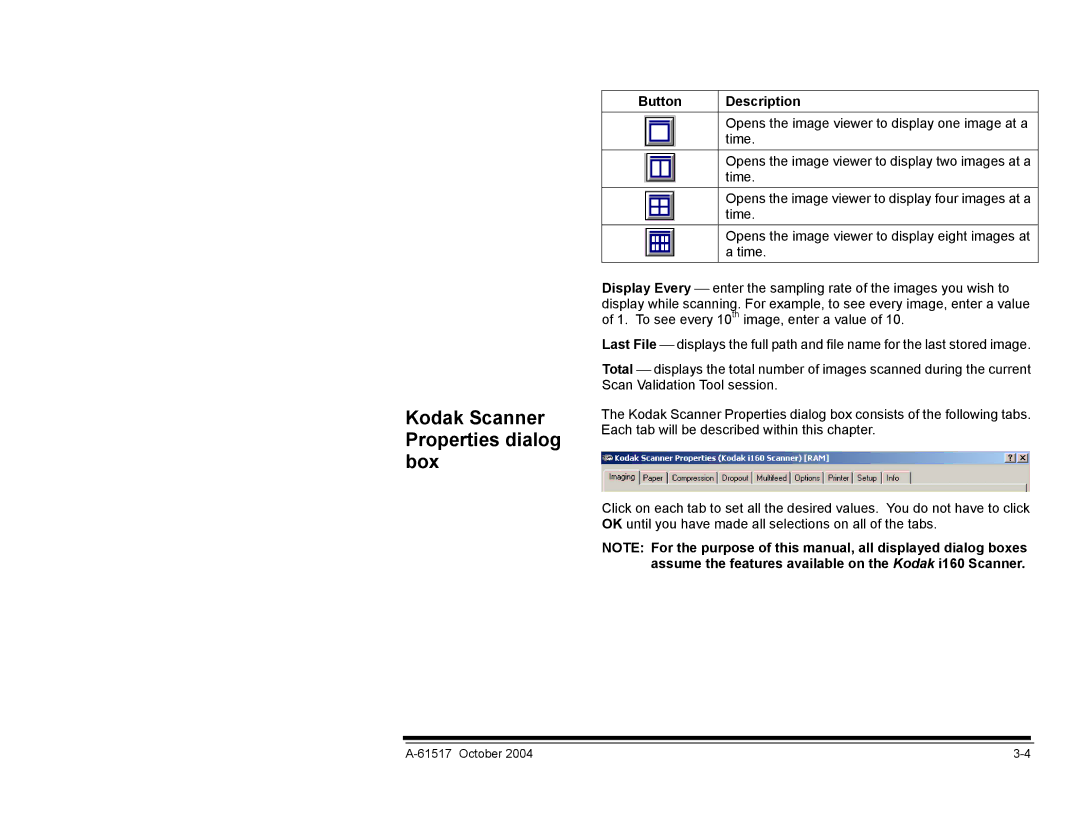 Kodak i100 Series manual Kodak Scanner Properties dialog box 