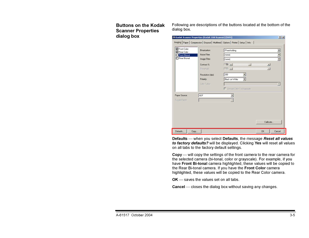 Kodak i100 Series manual Buttons on the Kodak Scanner Properties dialog box 