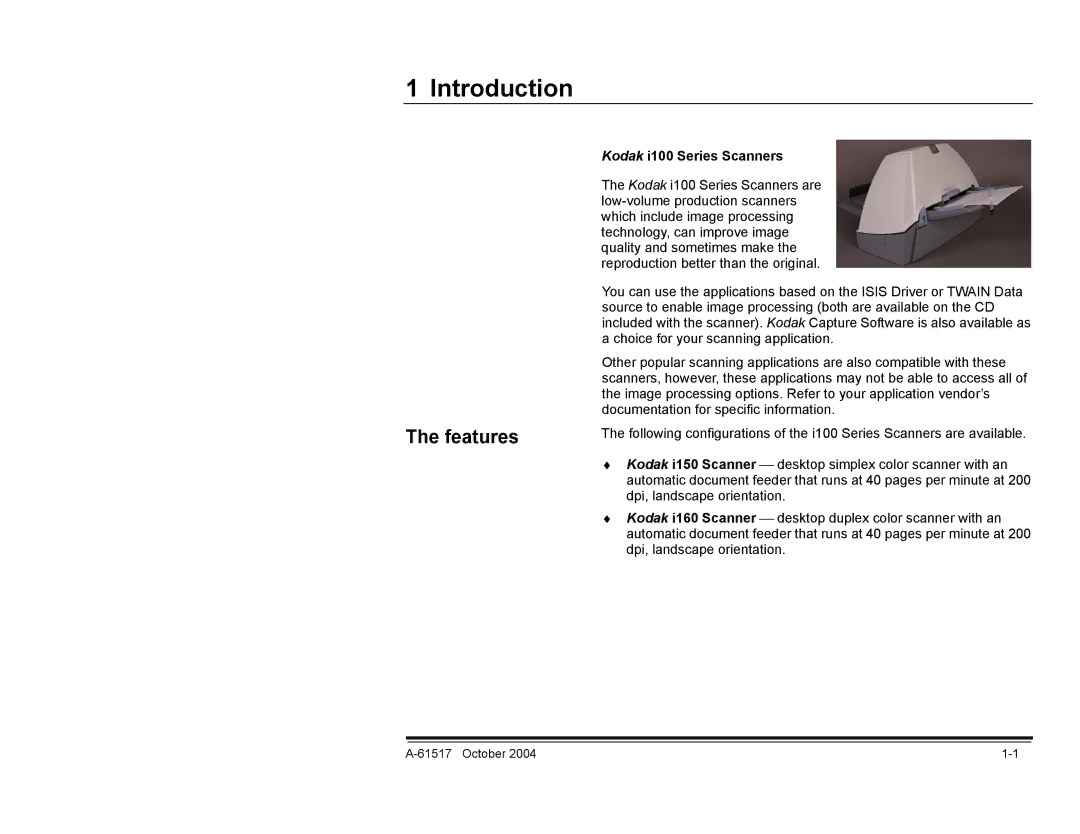 Kodak manual Introduction, Kodak i100 Series Scanners 