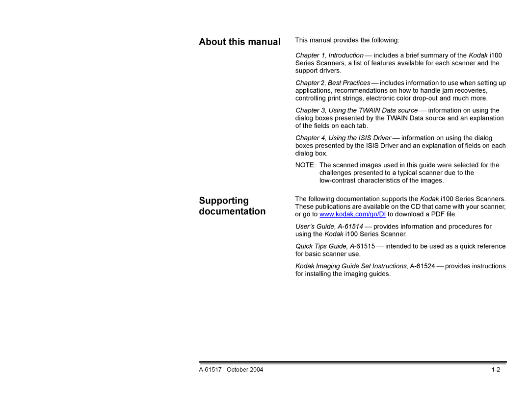 Kodak i100 Series About this manual Supporting documentation 