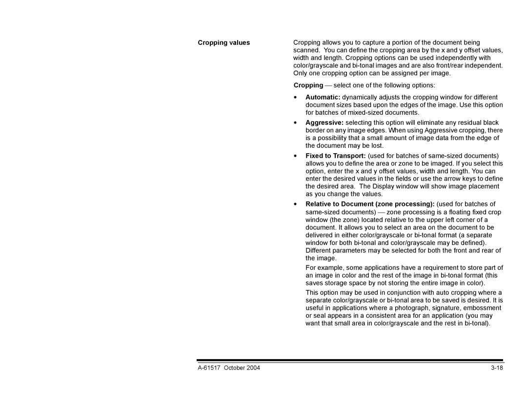 Kodak i100 Series manual Cropping values, Relative to Document zone processing used for batches 