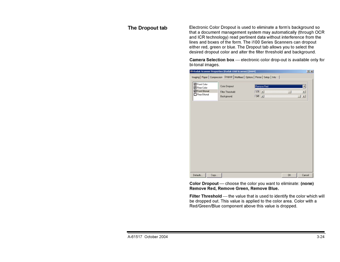 Kodak i100 Series manual Dropout tab, Remove Red, Remove Green, Remove Blue 