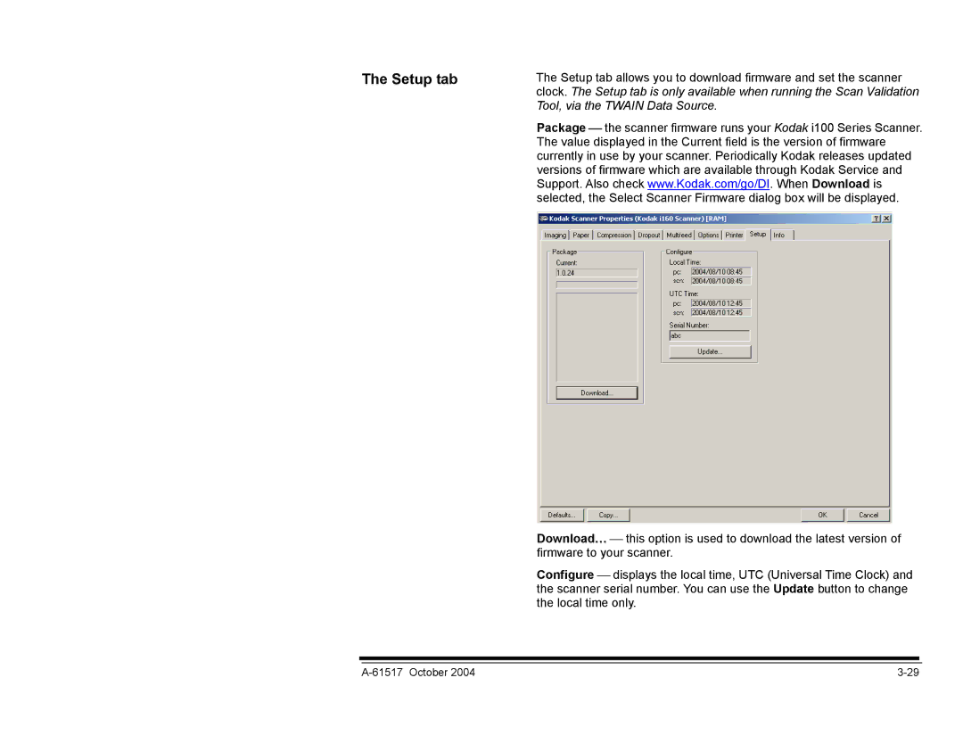 Kodak i100 Series manual Setup tab, Tool, via the Twain Data Source 