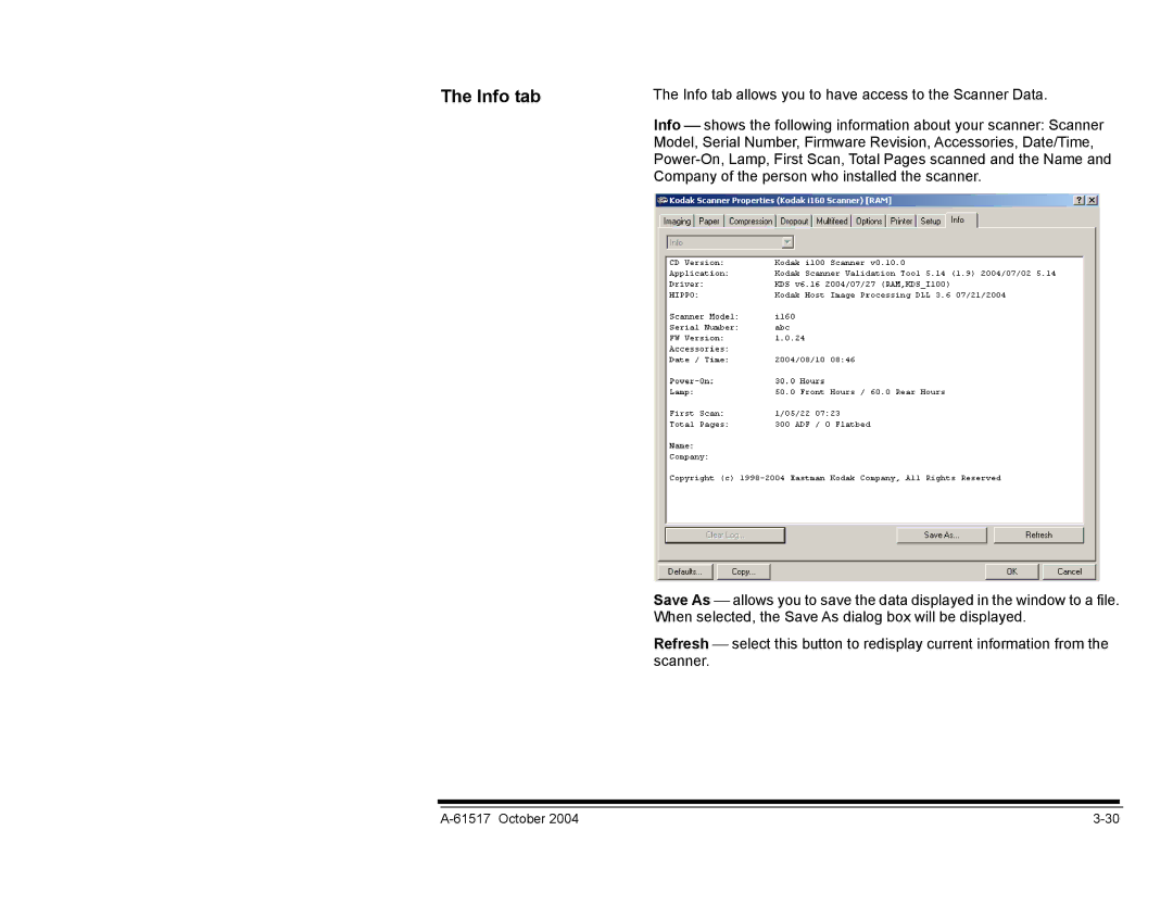 Kodak i100 Series manual Info tab 