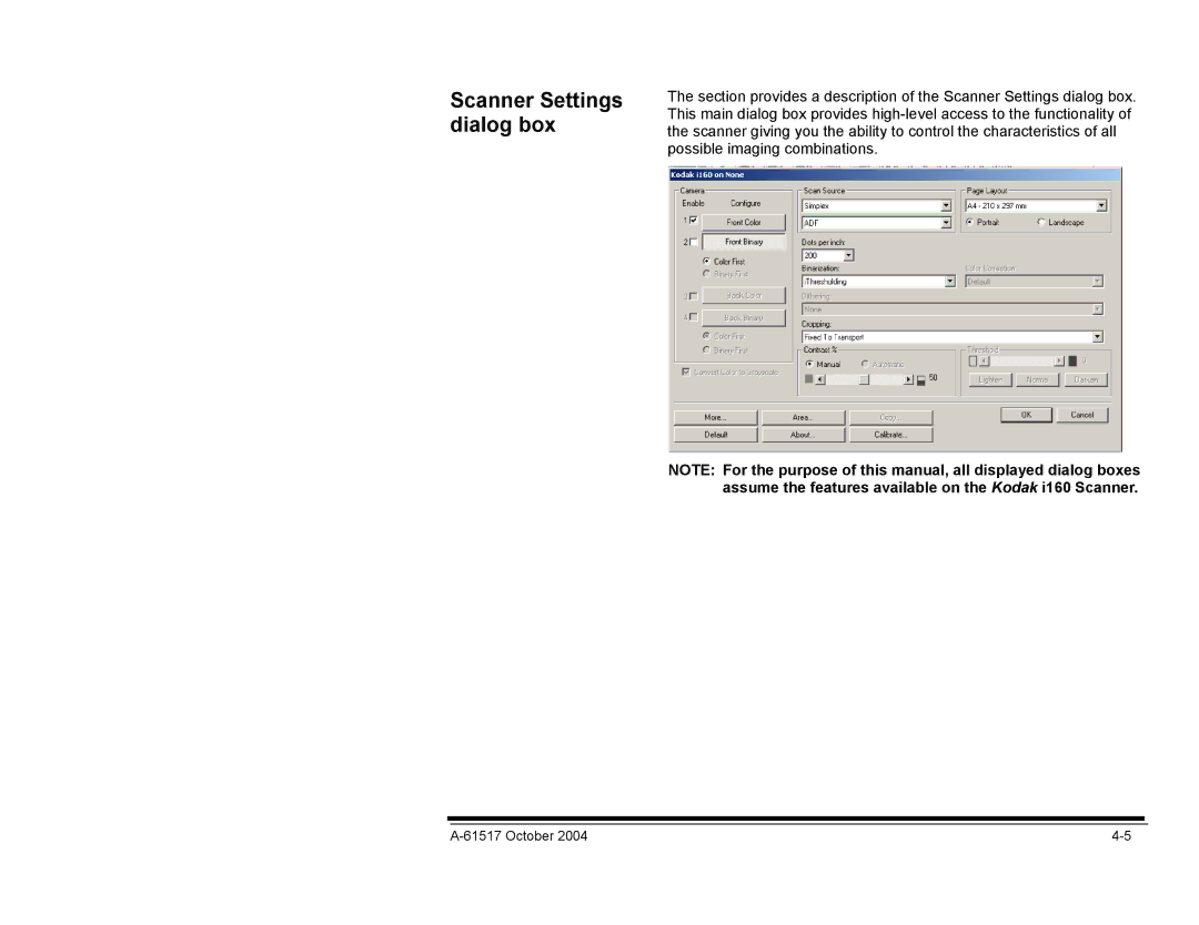 Kodak i100 Series manual Scanner Settings dialog box 