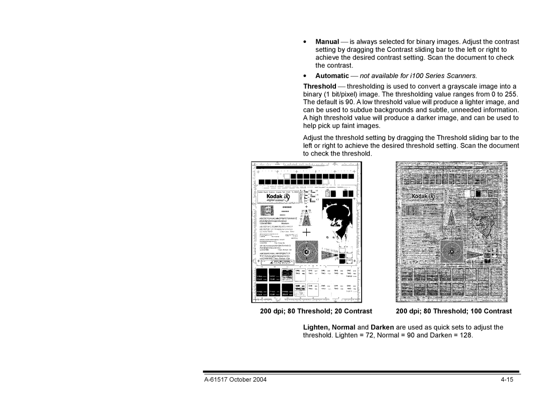 Kodak Automatic  not available for i100 Series Scanners, Dpi 80 Threshold 20 Contrast Dpi 80 Threshold 100 Contrast 