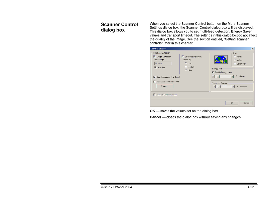 Kodak i100 Series manual Scanner Control dialog box 