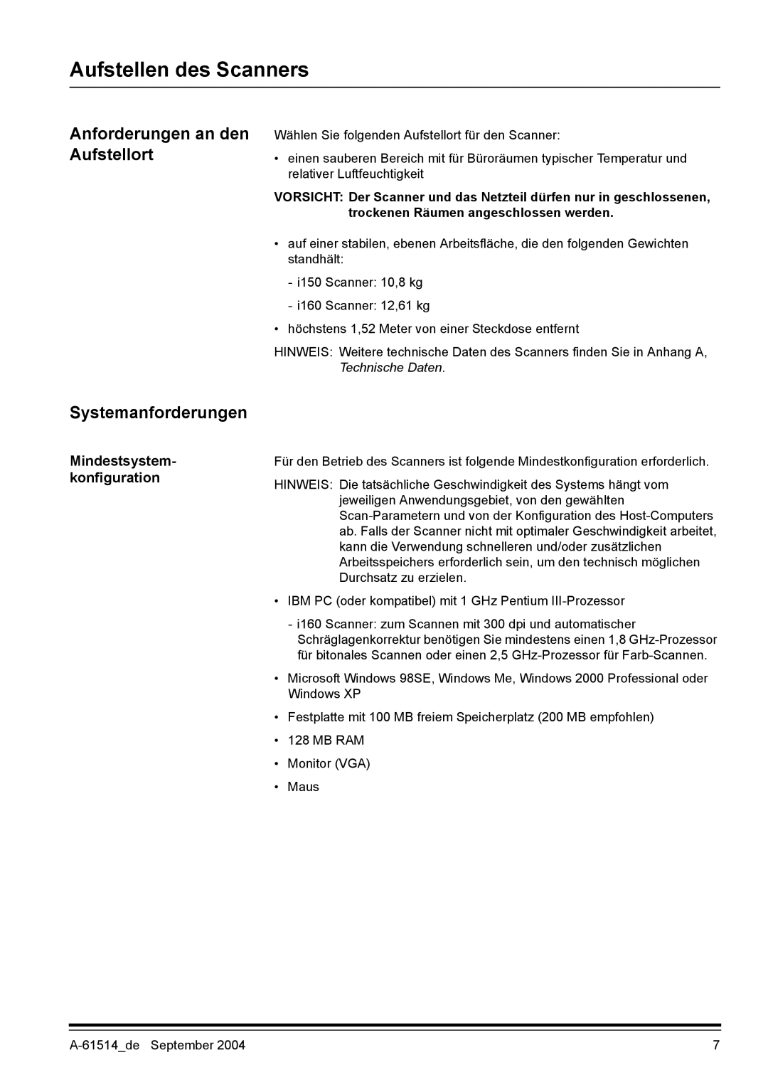 Kodak I100 Aufstellen des Scanners, Anforderungen an den Aufstellort, Systemanforderungen, Mindestsystem- konfiguration 