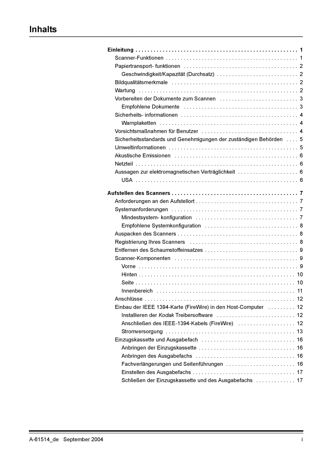 Kodak I100 manual Inhalts, Einleitung, Aufstellen des Scanners 