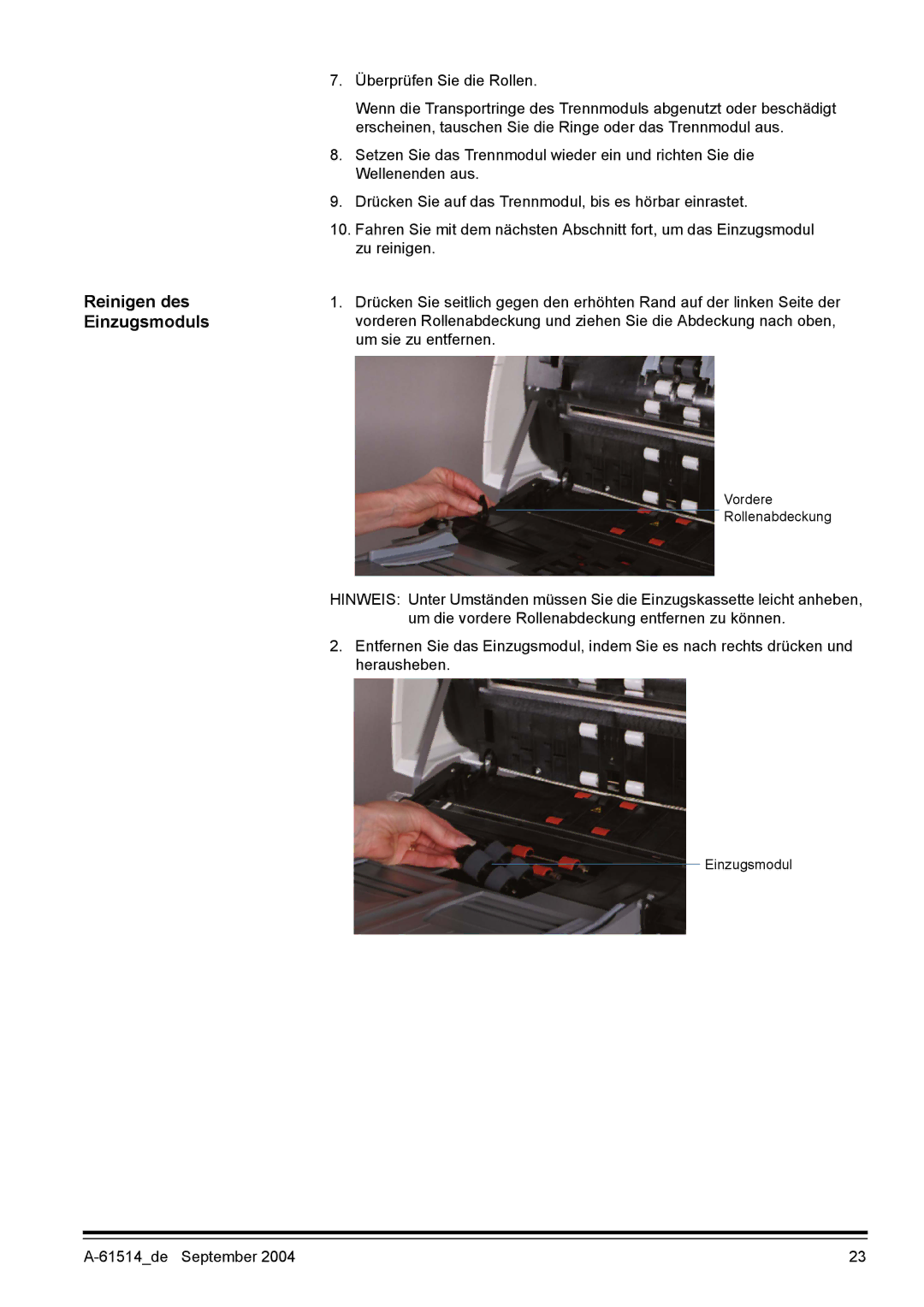 Kodak I100 manual Reinigen des Einzugsmoduls 