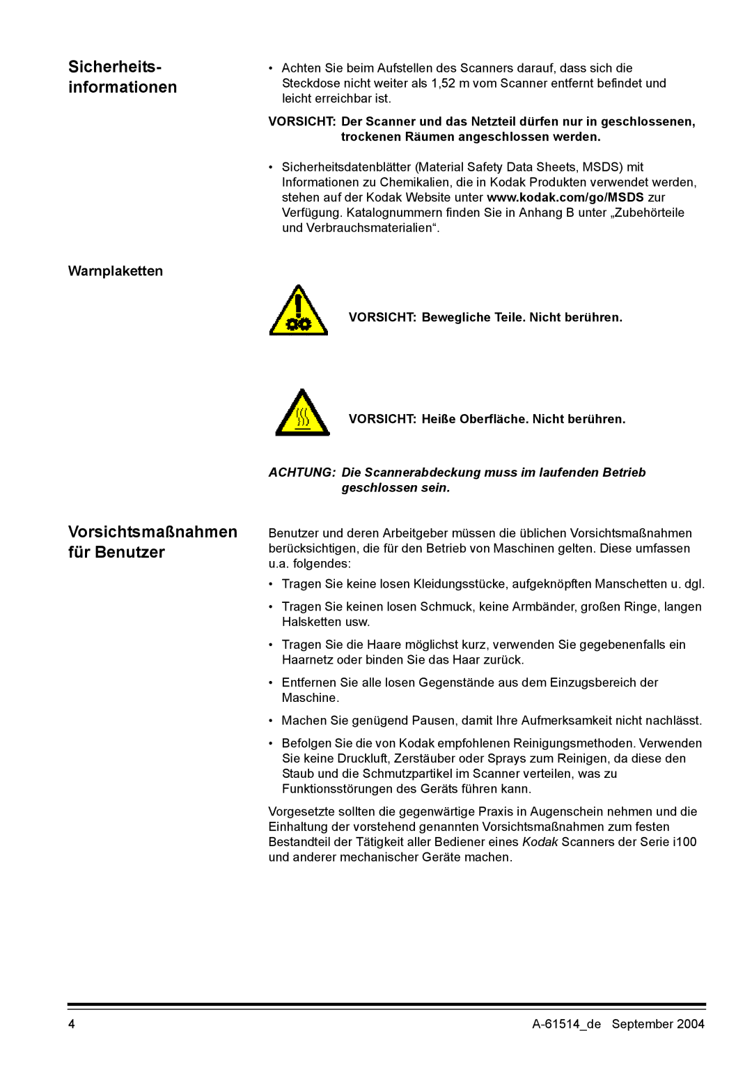 Kodak I100 manual Sicherheits- informationen, Vorsichtsmaßnahmen für Benutzer, Warnplaketten 