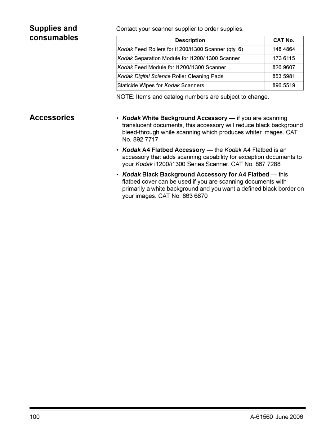 Kodak i1200 manual Accessories, Contact your scanner supplier to order supplies 