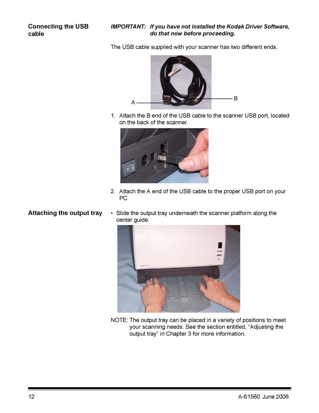 Kodak i1200 manual Connecting the USB, Cable, USB cable supplied with your scanner has two different ends 