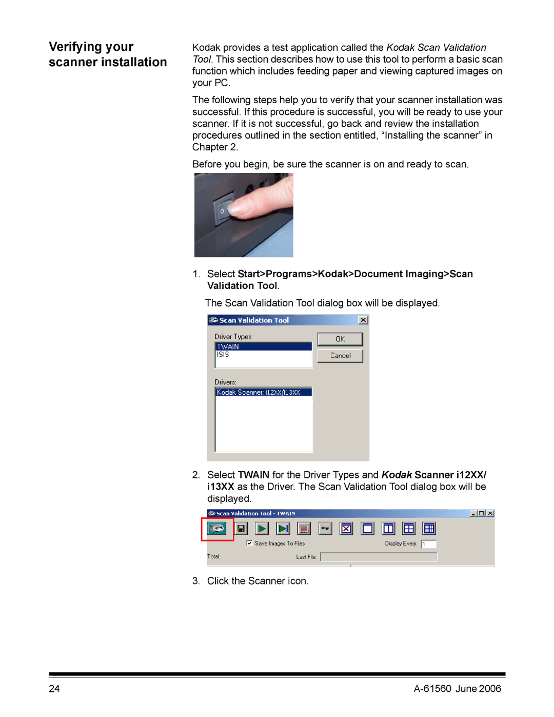 Kodak i1200 manual Verifying your scanner installation 