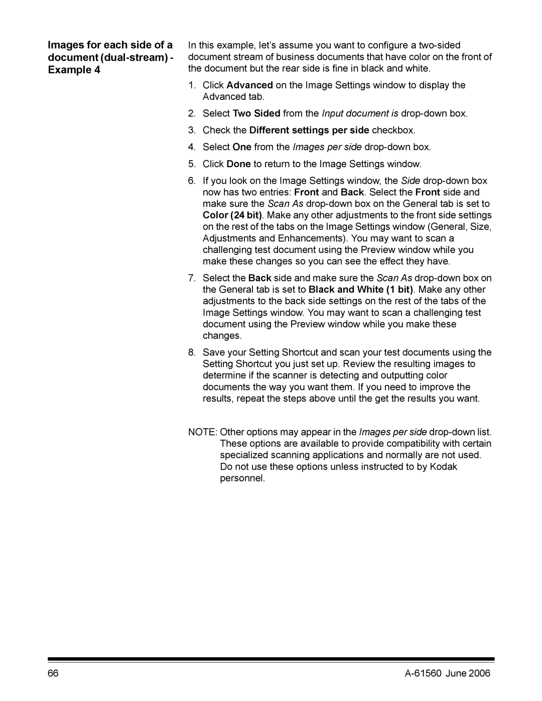 Kodak i1200 manual Images for each side of a document dual-stream Example, Check the Different settings per side checkbox 