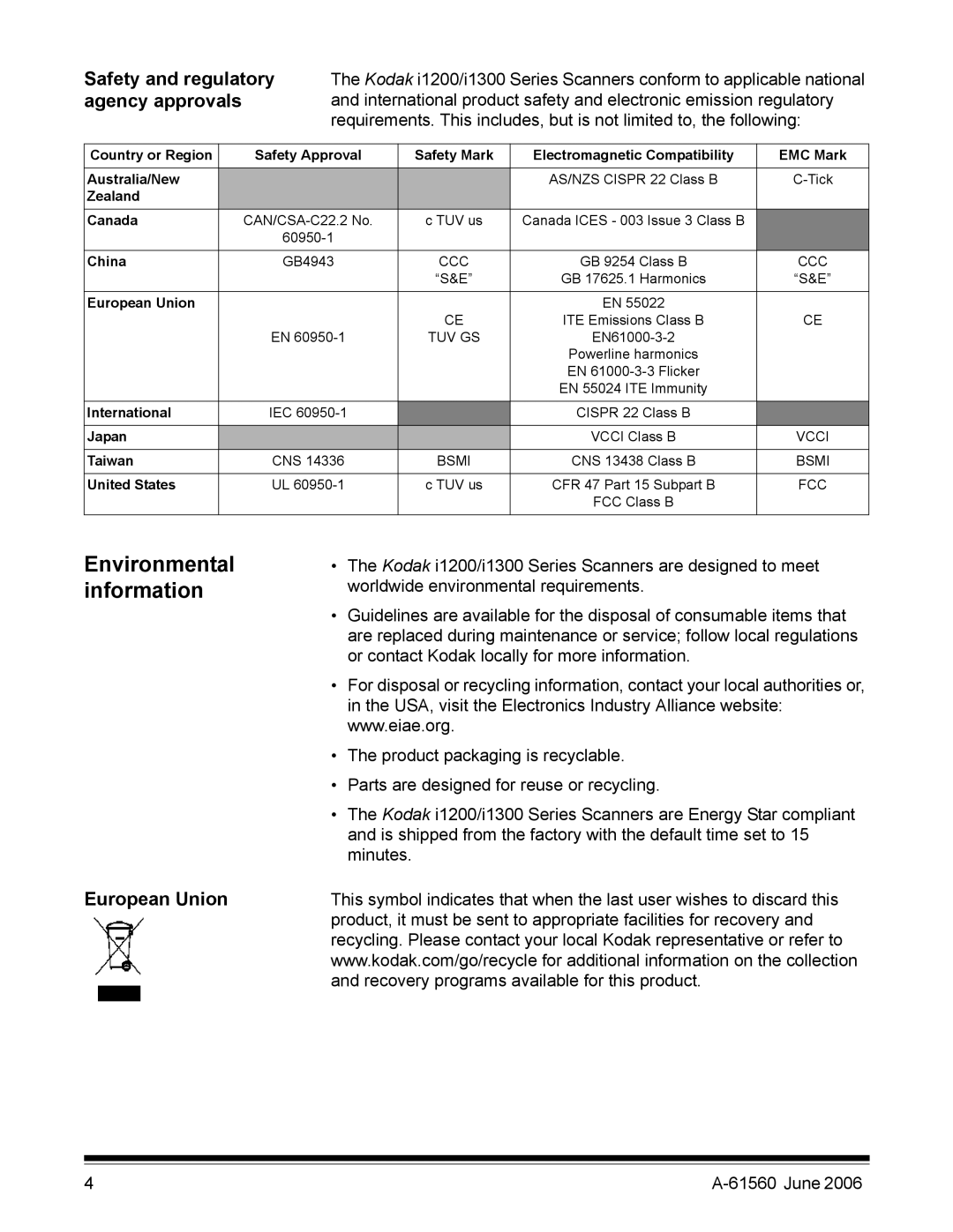 Kodak i1200 manual Safety and regulatory, Agency approvals, European Union 