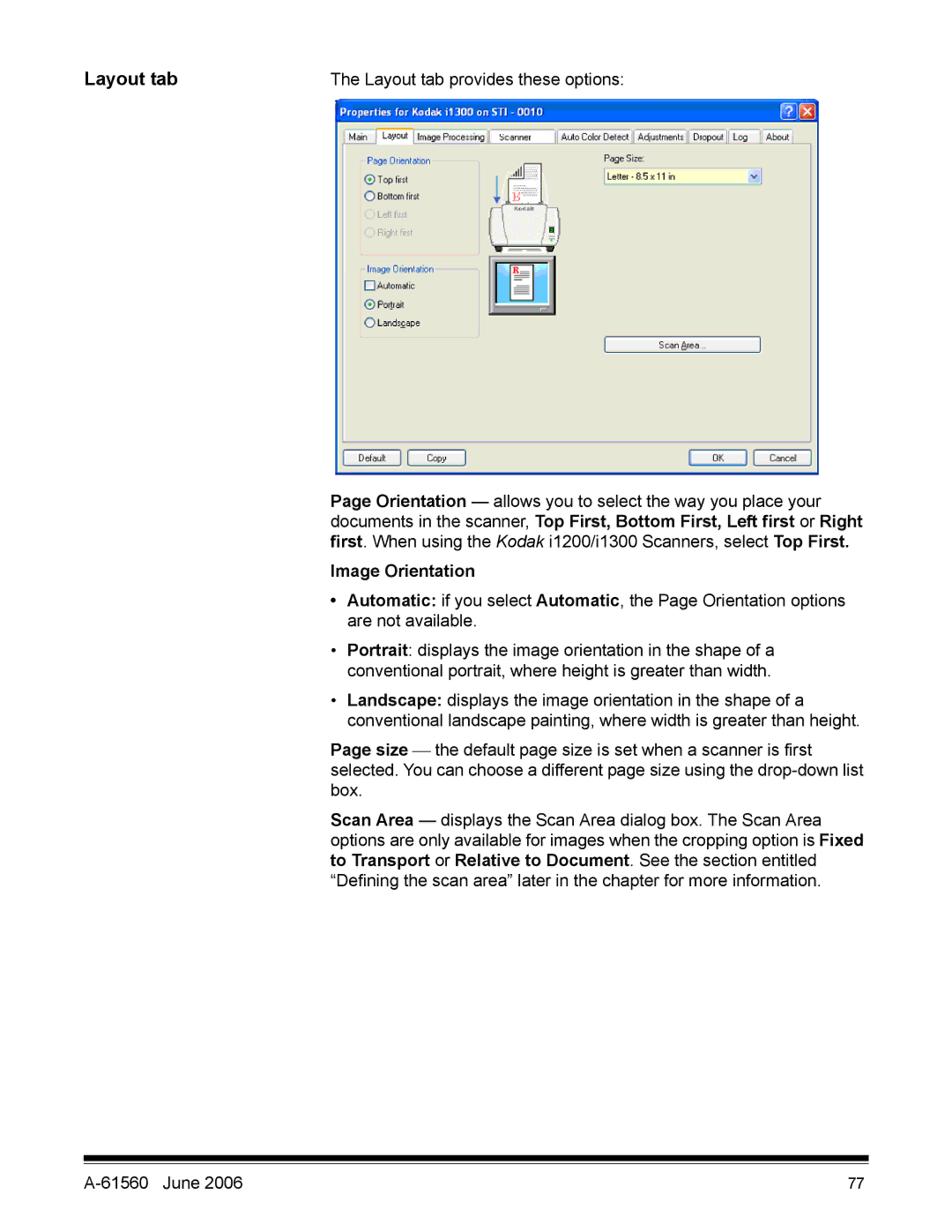 Kodak i1200 manual Layout tab provides these options, Image Orientation 