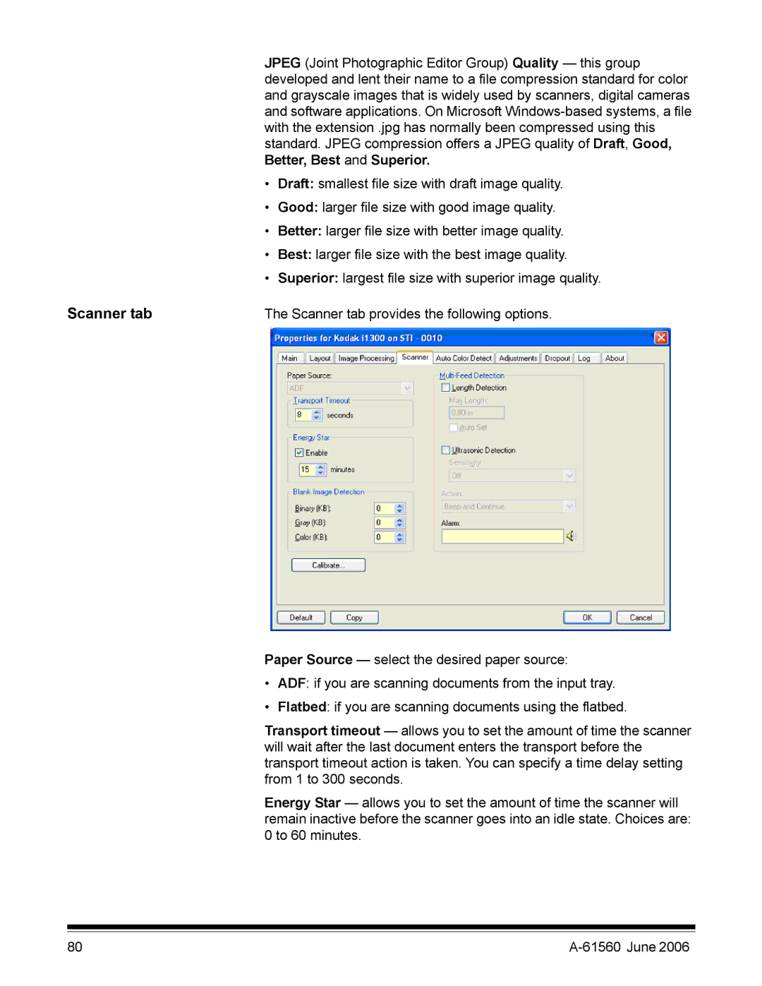 Kodak i1200 manual Scanner tab provides the following options 