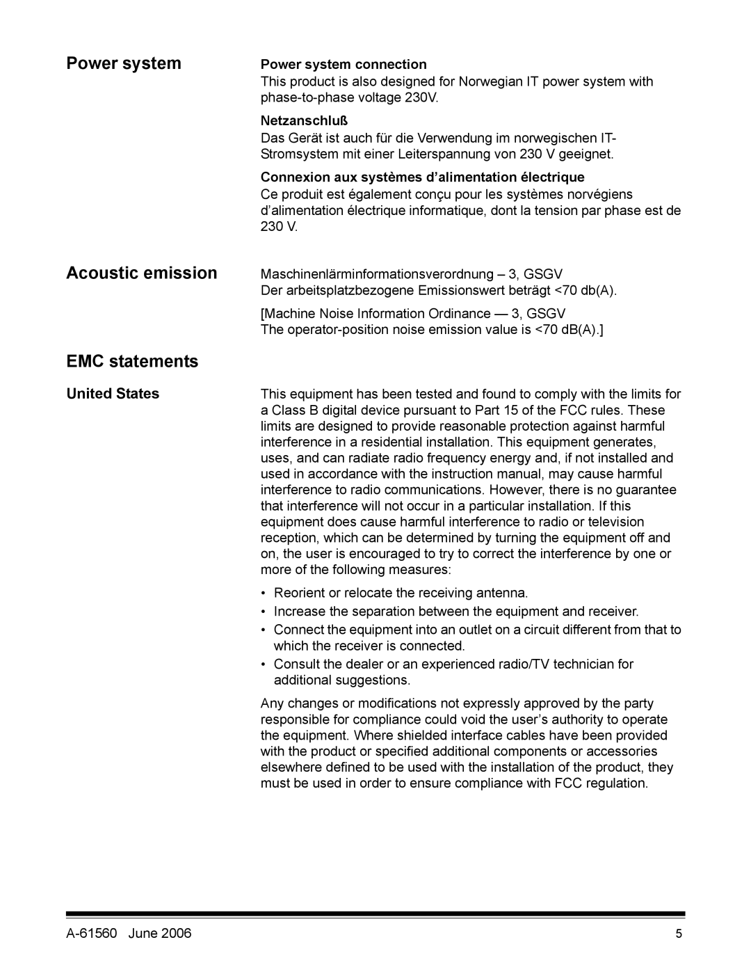 Kodak i1200 manual Power system Acoustic emission EMC statements, United States, Power system connection, Netzanschluß 