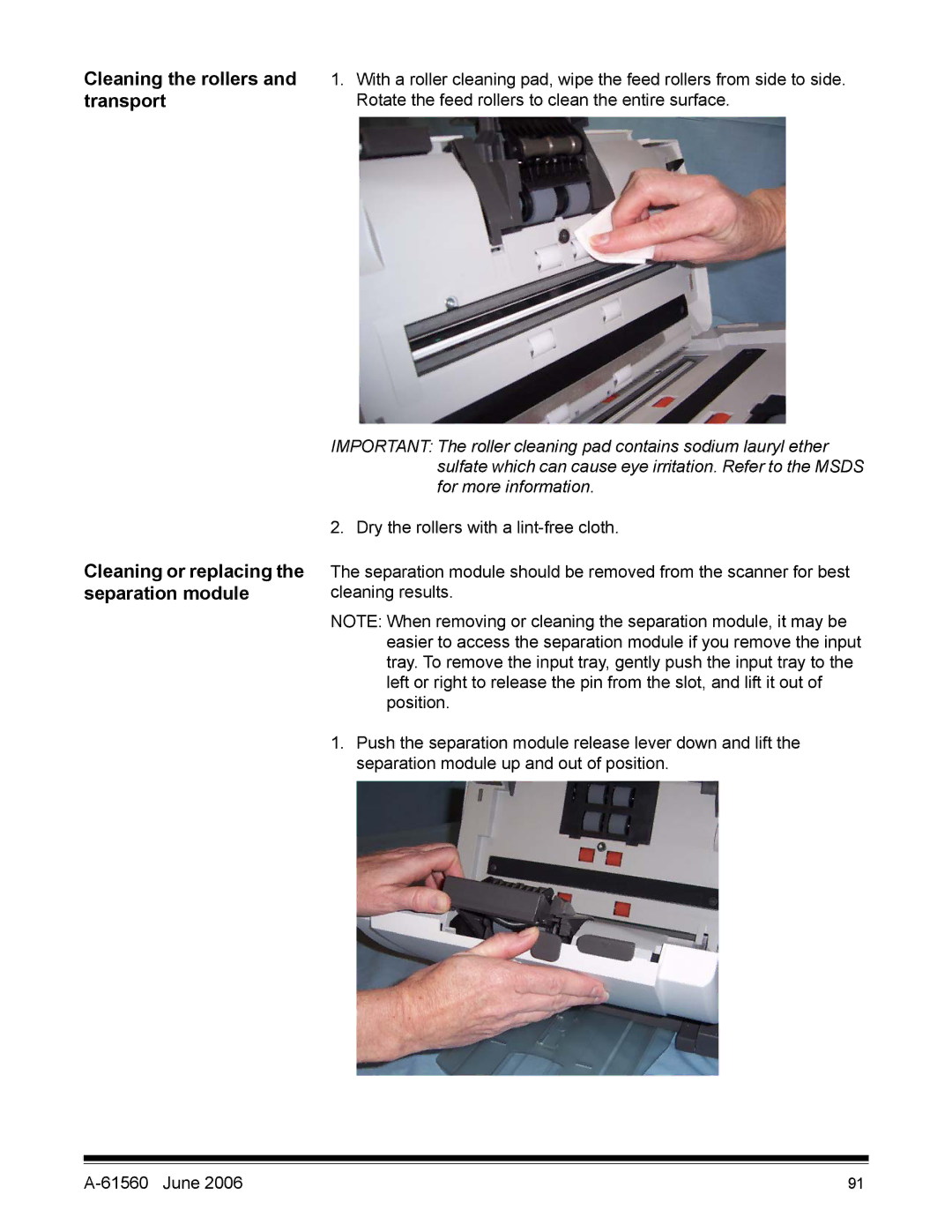 Kodak i1200 manual Cleaning the rollers, Transport, Cleaning or replacing the separation module 