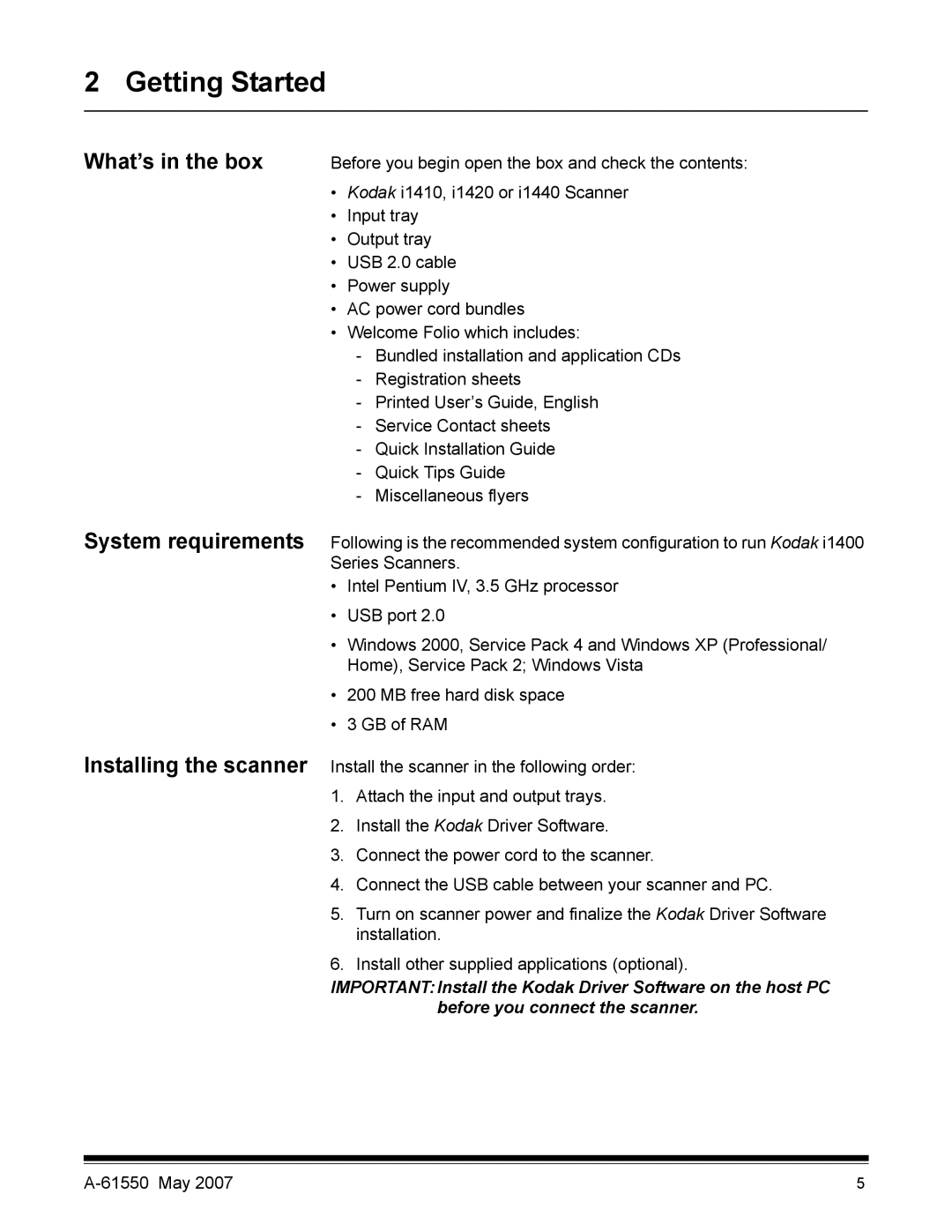 Kodak I1400 manual What’s in the box, System requirements Installing the scanner 